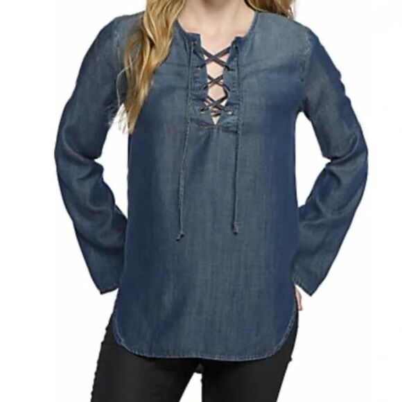 Anthro Cloth & Stone lace-up chambray tencel denim tunic top XS S - Picture 2 of 7